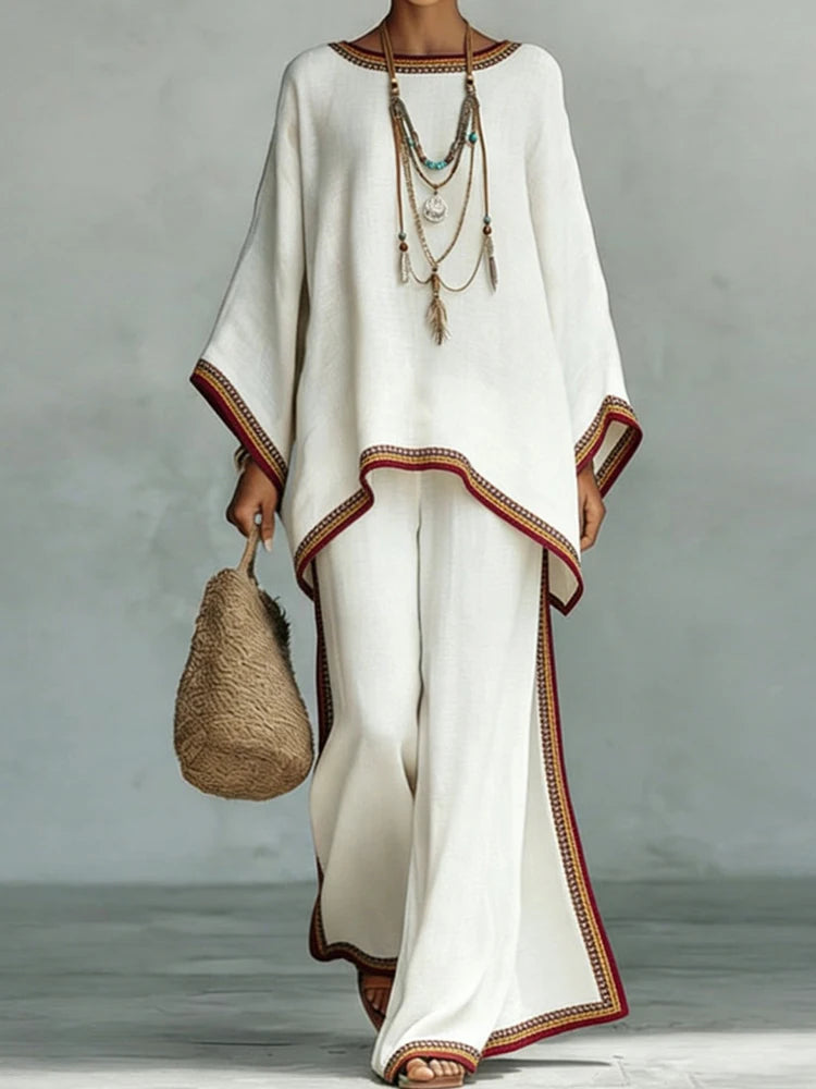 Ensemble 2 pièces haut à col rond et pantalon large pour femmes
