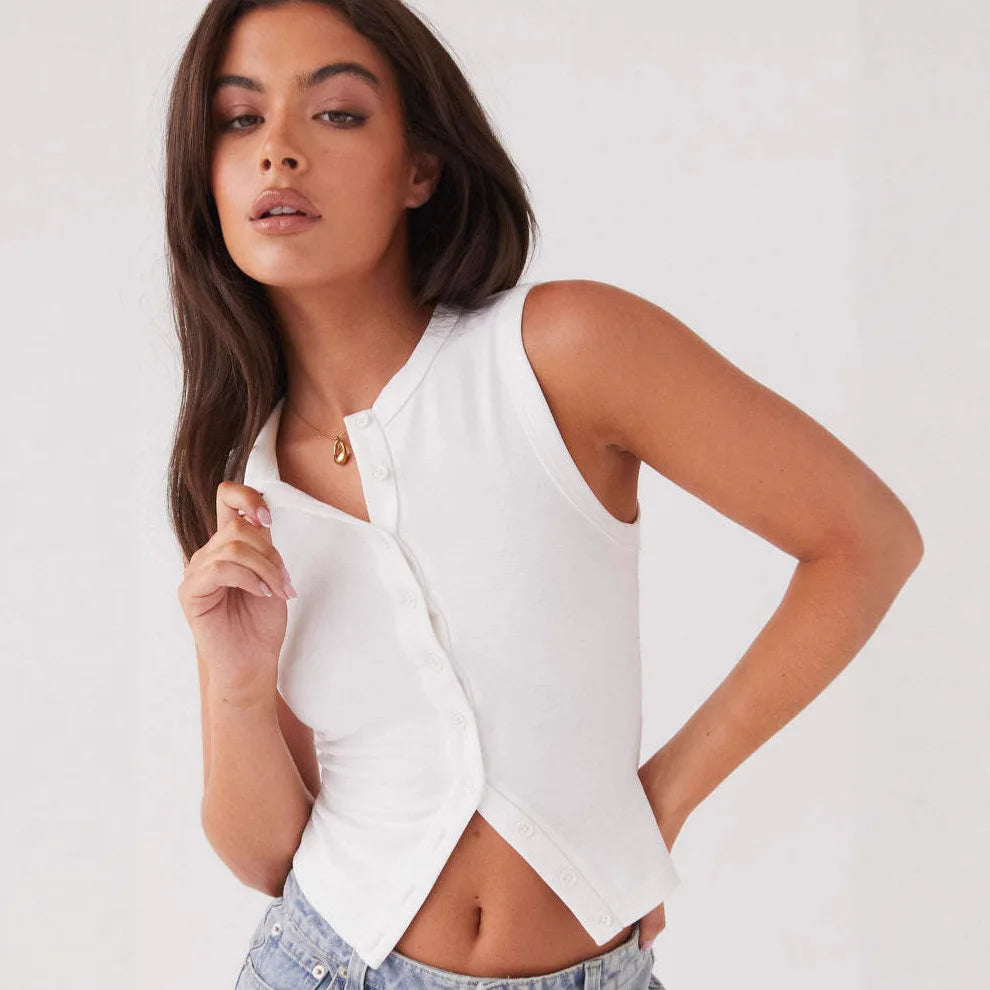 Haut Sans Manches Femme – Maille Unie Boutonnée
