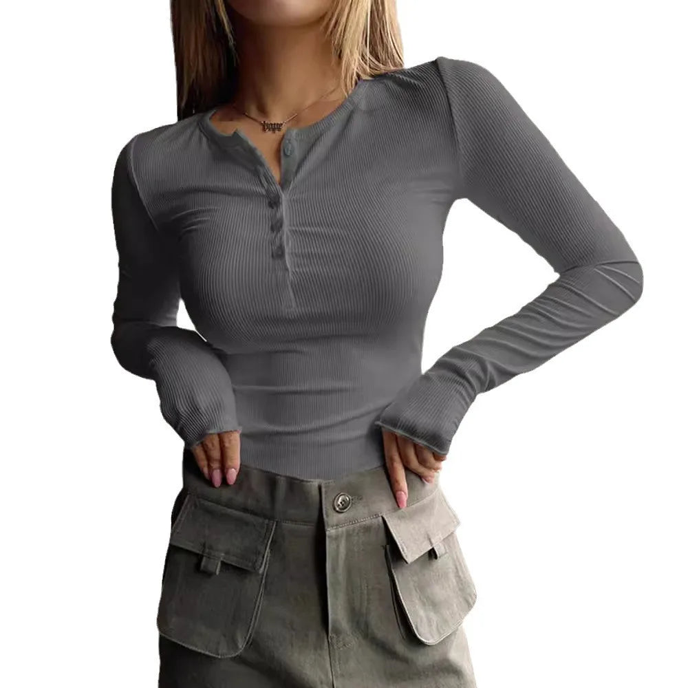 T-shirt côtelé uni à demi-boutonnage pour femmes
