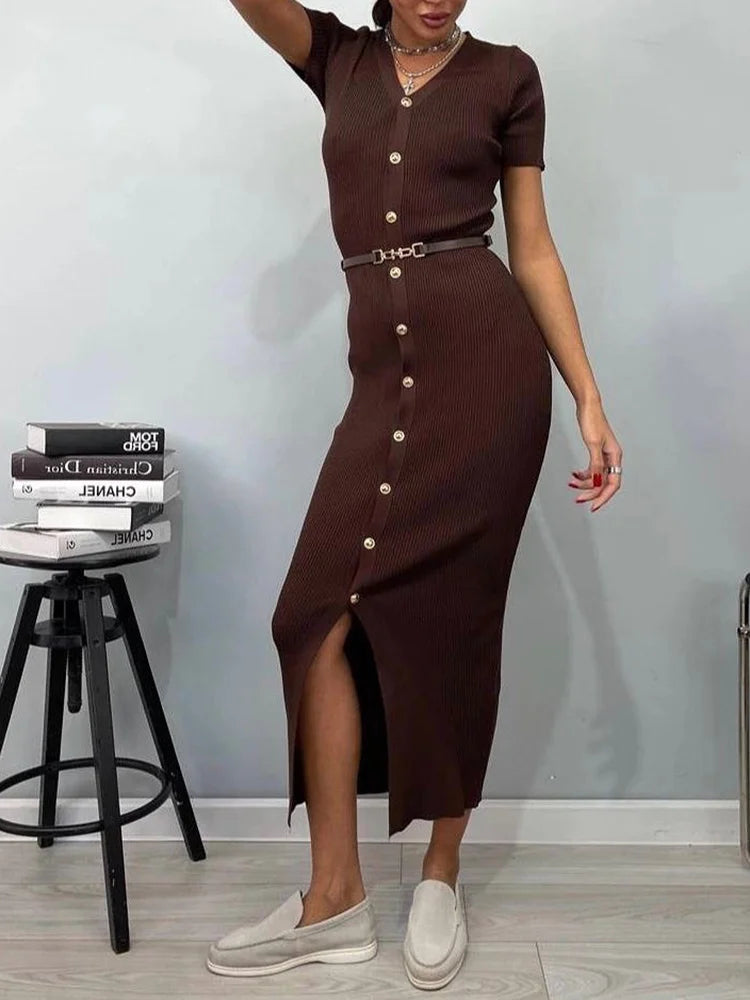 Robe Longue d’Été Femme – Maille, Col V et Boutons