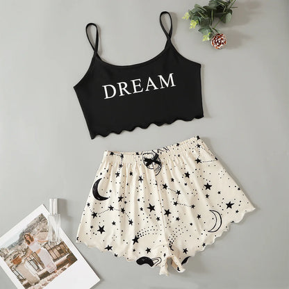 Pyjama Court d’Été Femme – Lune et Étoiles