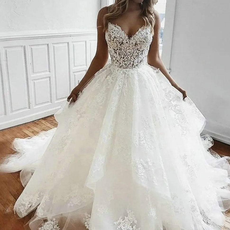 Robe de mariée blanche en tulle et bretelles spaghetti,pour femmes