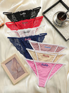 Ensemble de 7 pièces string sans trace en dentelle brodée avec lettres pour femmes