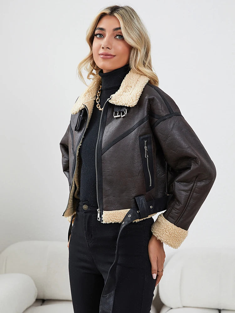 Veste courte en faux cuir d'agneau pour femmes