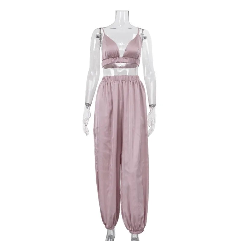 Ensemble haut court à bretelles spaghetti et pantalon large pour femmes