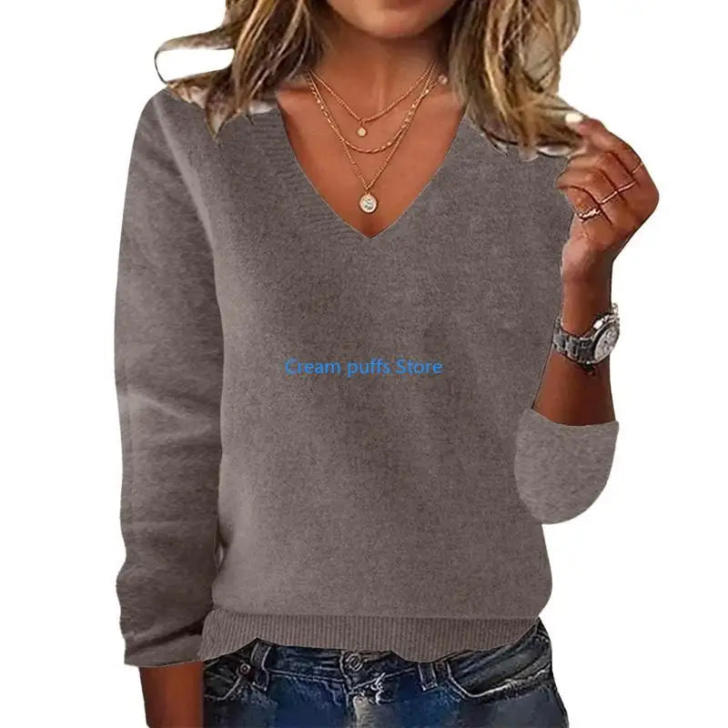 Pull en tricot côtelé doux à col en V pour femmes