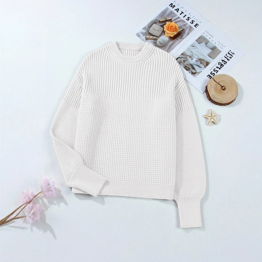 Pull en tricot décontracté à manches longues et col rond pour femmes