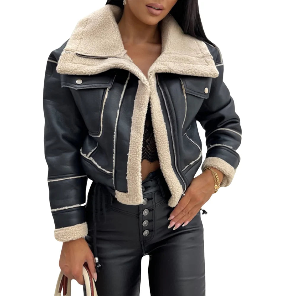 Veste en peluche patchwork PU pour femmes