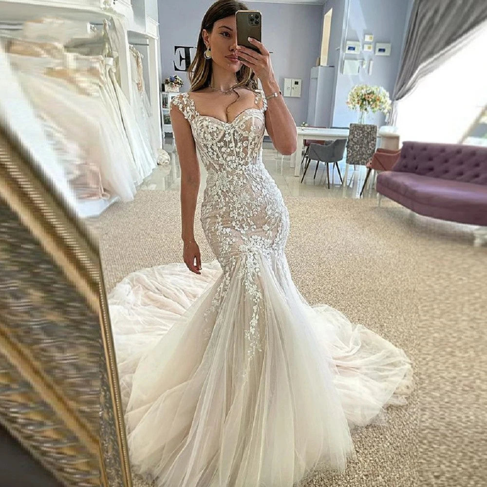 Robes de mariée sirène longues bohèmes en dentelle pour femmes