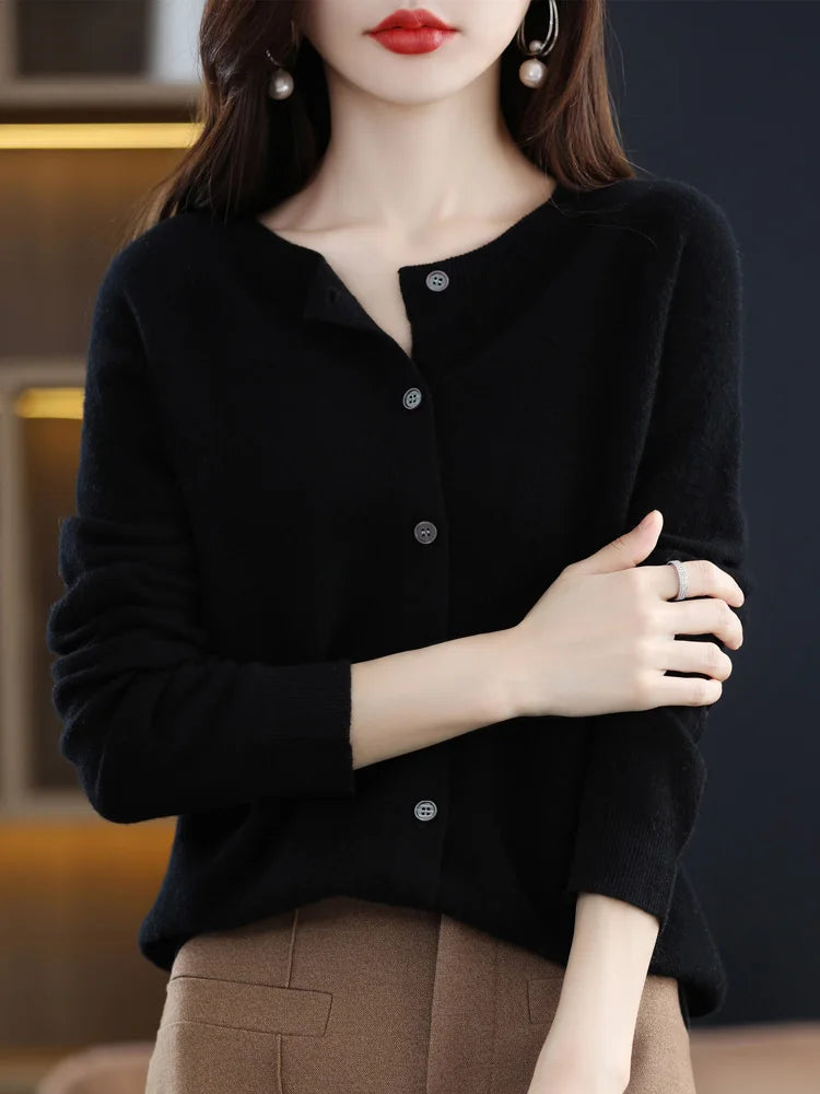 Cardigan à col rond en laine mérinos pour femmes