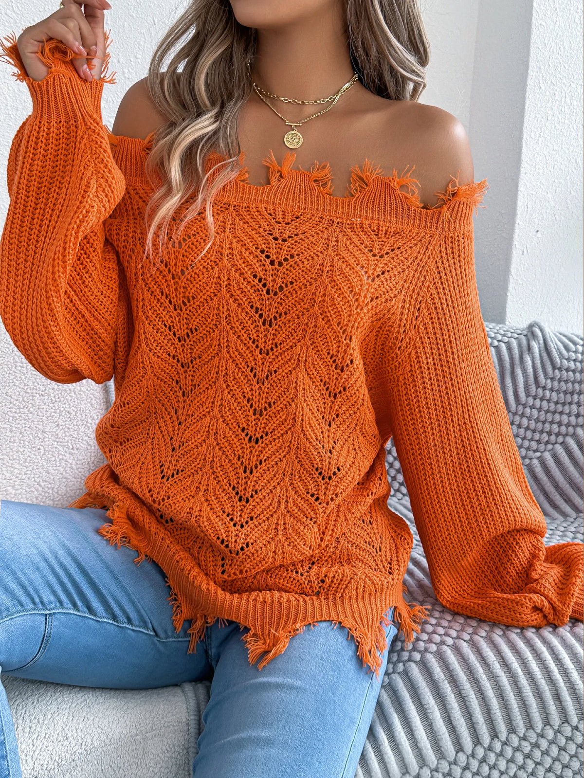 Pull à Épaules Dénudées Femme – Maille et Franges