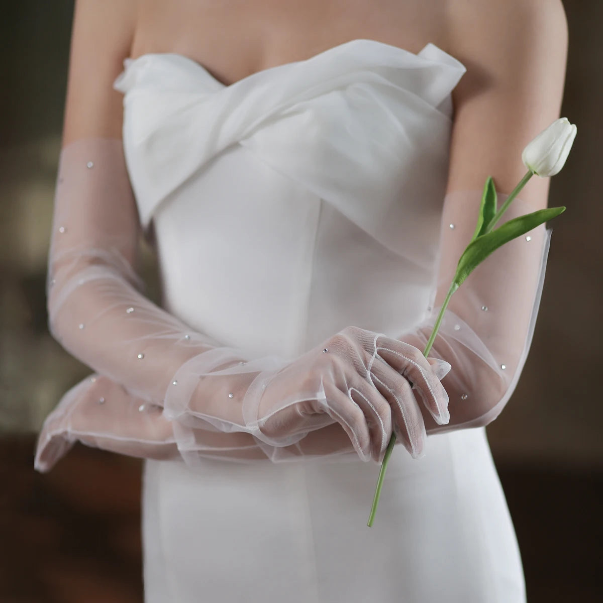 Gants longs blancs en tulle transparent pour femmes