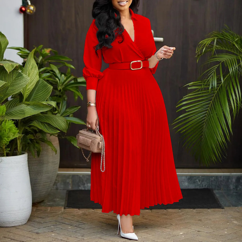 Robe de soirée à manches longues et col en V pour femmes