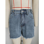 Short en jean décontracté délavé à ourlet frangé pour femmes