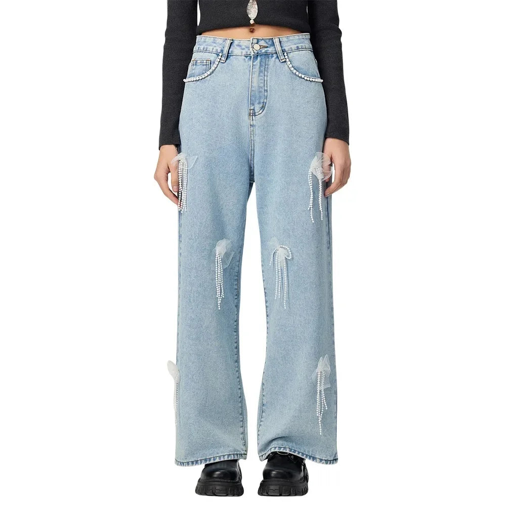Jean taille haute brodé amincissant à jambe large pour femmes