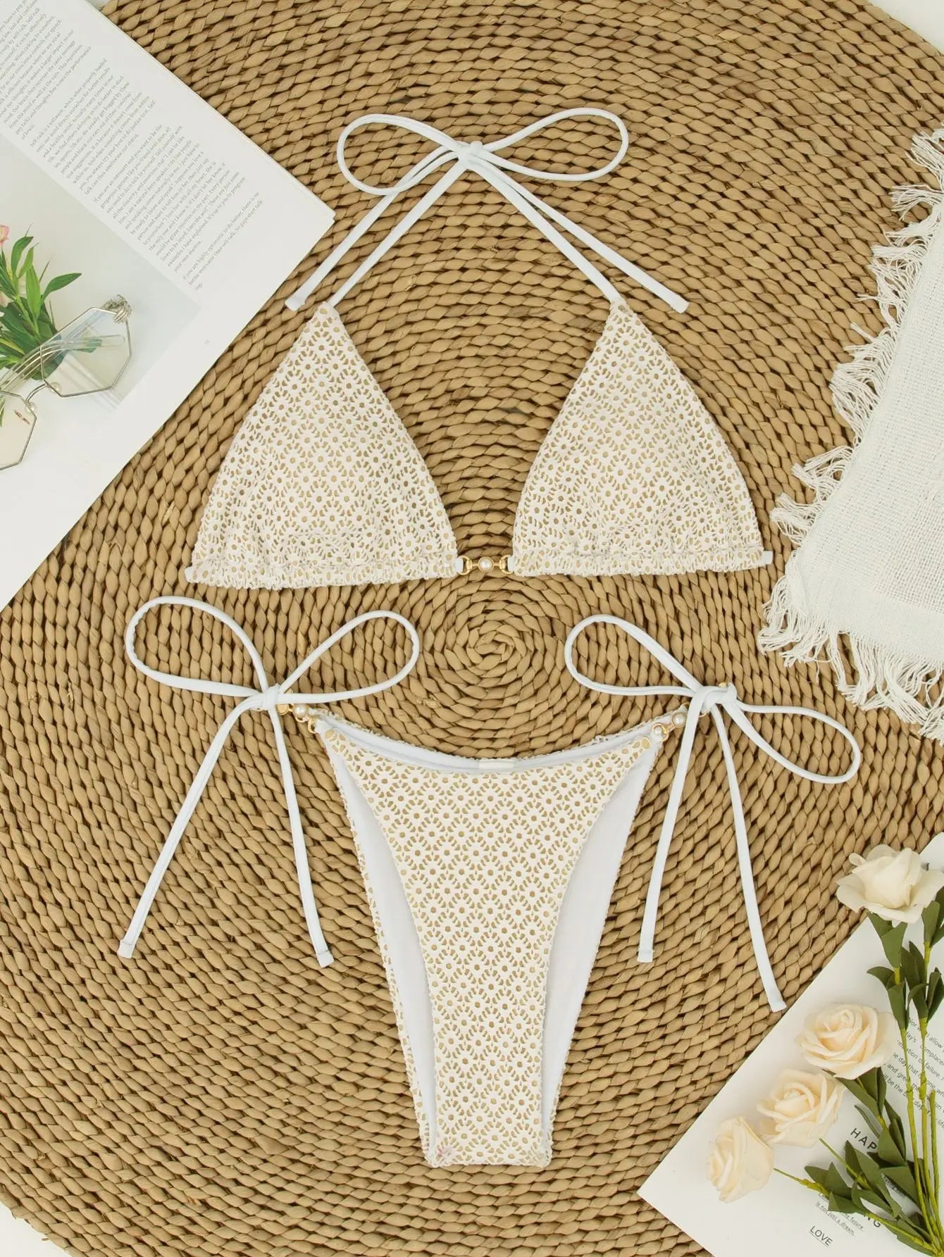 Maillot de bain deux pièces à bretelles en maille et dentelle pour femmes