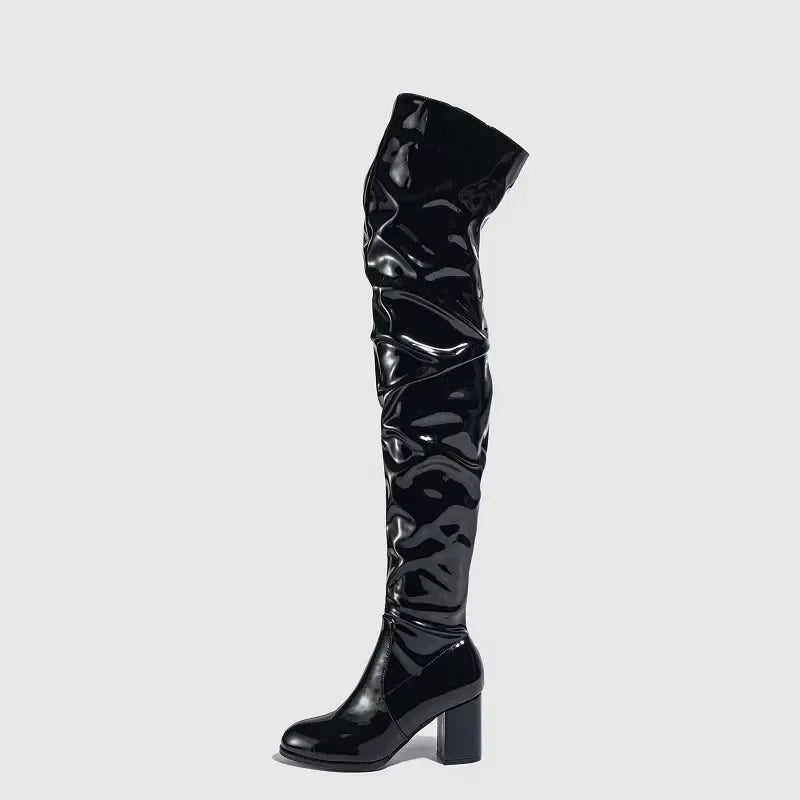 Bottes à talons hauts épais en cuir pour femmes