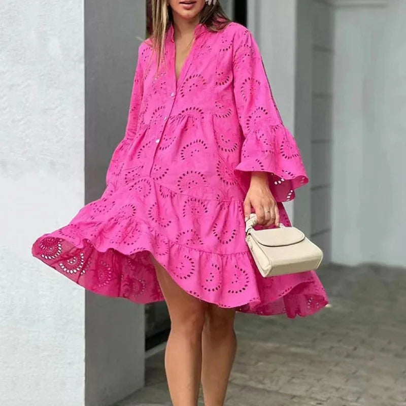 Robe longue en dentelle Jacquard brodée blanche au Crochet pour femmes