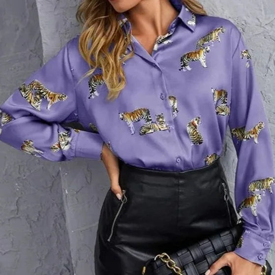Chemise en soie à manches longues imprimée pour femmes