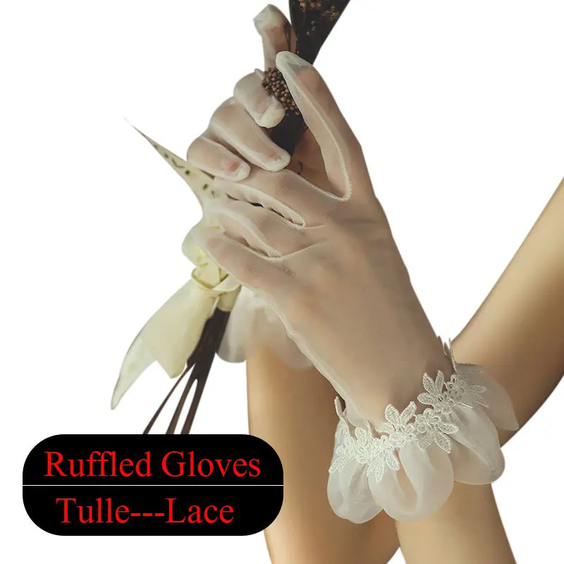 Gants de poignet courts en satin et tulle blanc pour femmes