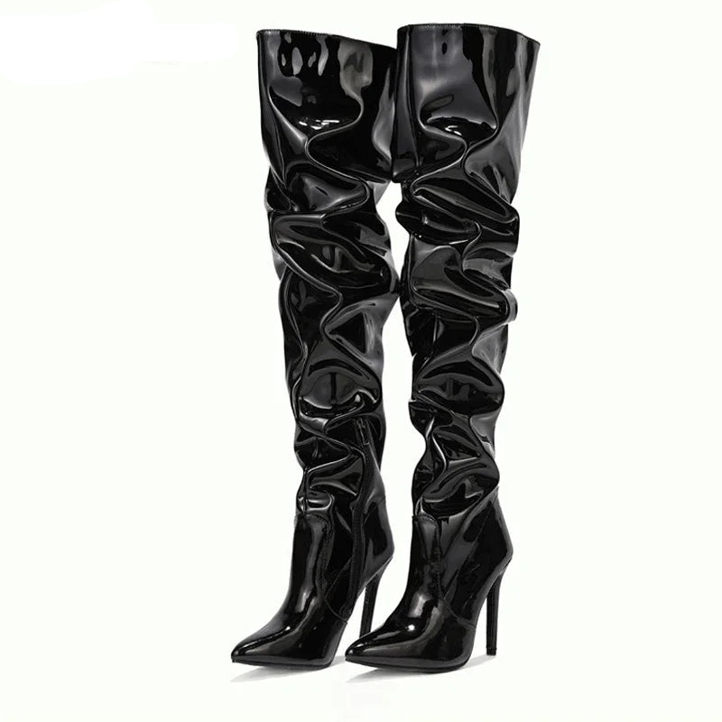 Cuissardes mode en cuir verni bout pointu fermeture éclair pour femmes