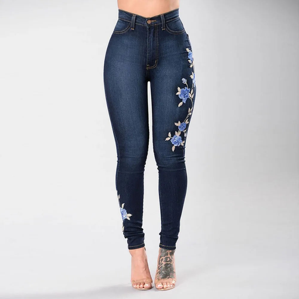Jeans brodés taille haute pour femmes