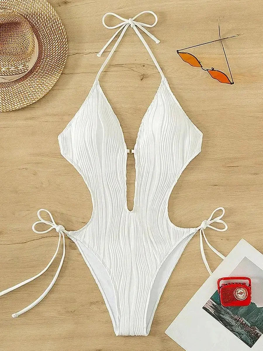 Maillot de bain une pièce sexy, col en v déformé  pour femmes