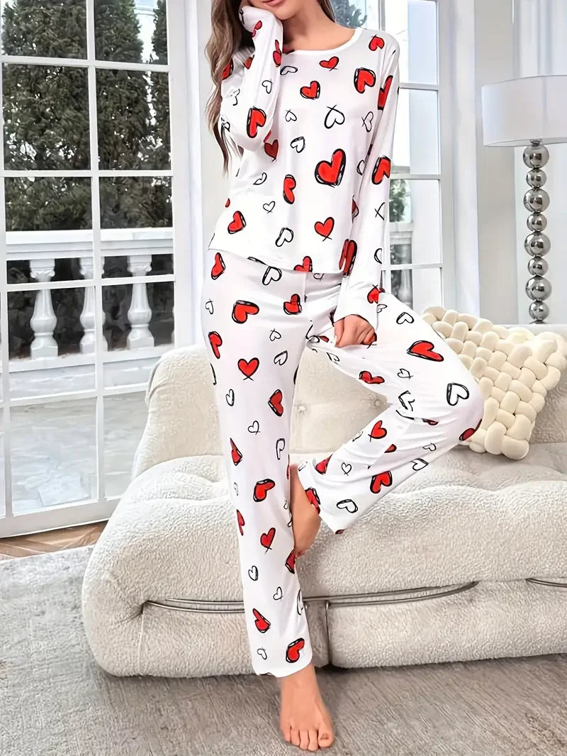 Pyjama à Cœurs Femme – Maille Côtelée et Volants