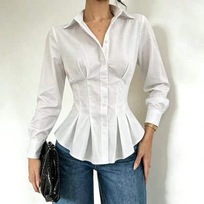 Chemise Ajustée Femme – Manches Longues et Taille Plissée
