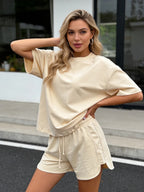 Ensembles en coton deux pièces, t-shirts à manches courtes et shorts taille haute pour femmes