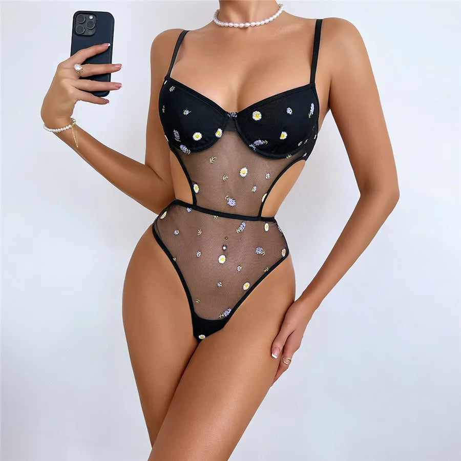 Body en dentelle avec broderie fleur pour femmes