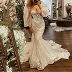 Robes de mariée sirène élégantes à manches bouffantes et décolleté en cœur pour femmes