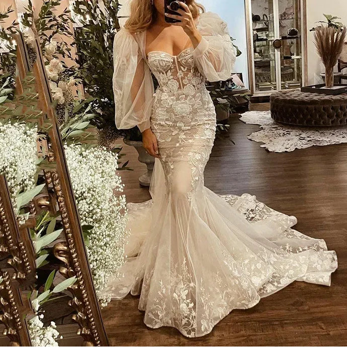 Robes de mariée sirène élégantes à manches bouffantes et décolleté en cœur pour femmes