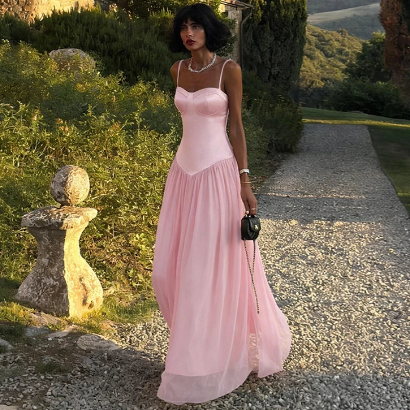Robe longue rose sexy à bretelles fines pour femmes
