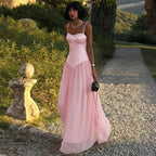 Robe longue rose sexy à bretelles fines pour femmes