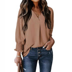 Chemise à col en V et manches longues lanterne pour femmes