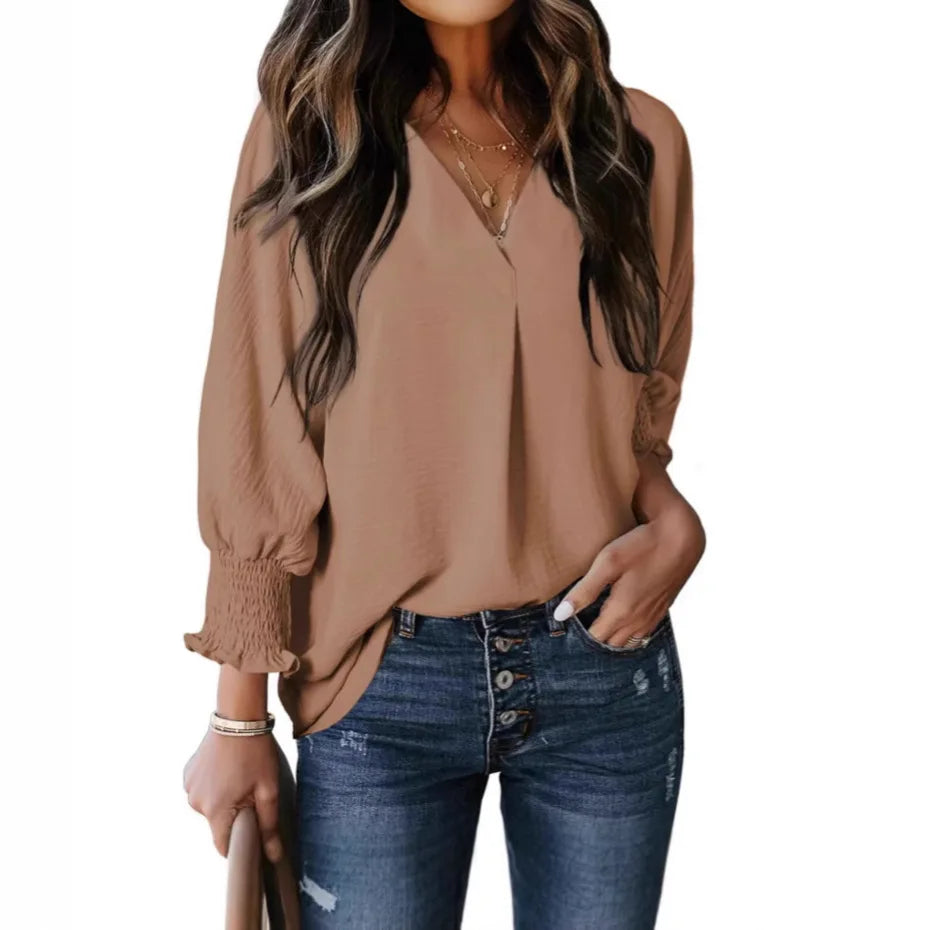 Chemise à col en V et manches longues lanterne pour femmes