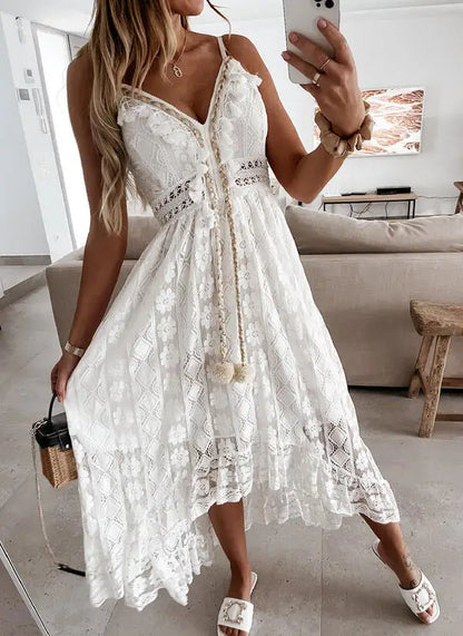 Robe Longue d'Été Femme – Dentelle et Col V