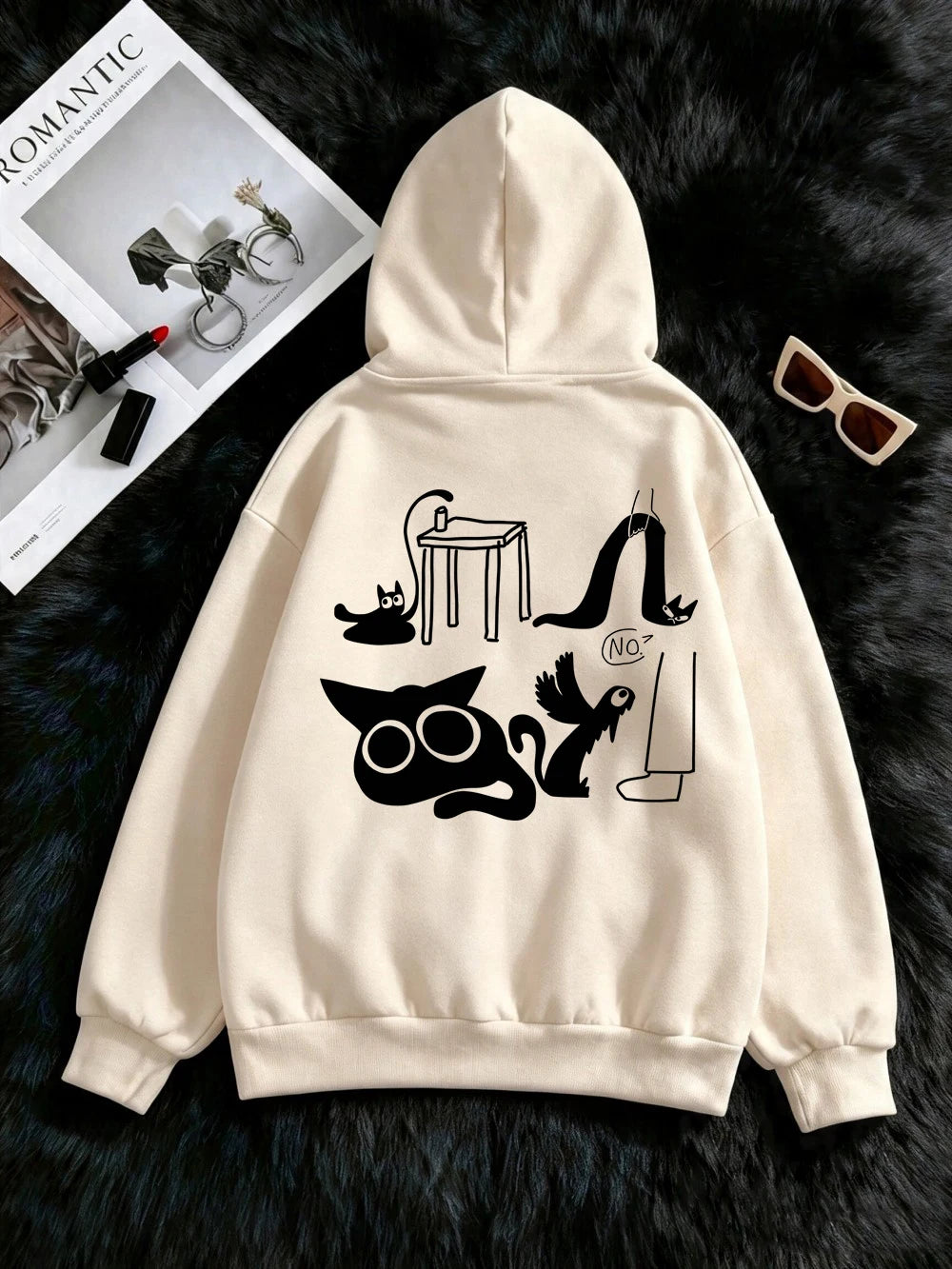 Sweat à capuche imprimé chat rigolo pour femmes
