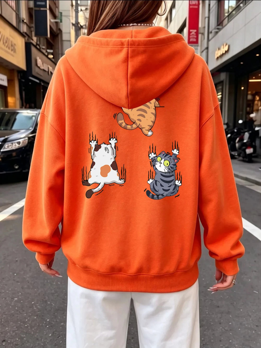 Sweat à capuche imprimé « Trois chats qui grimpent » pour femmes
