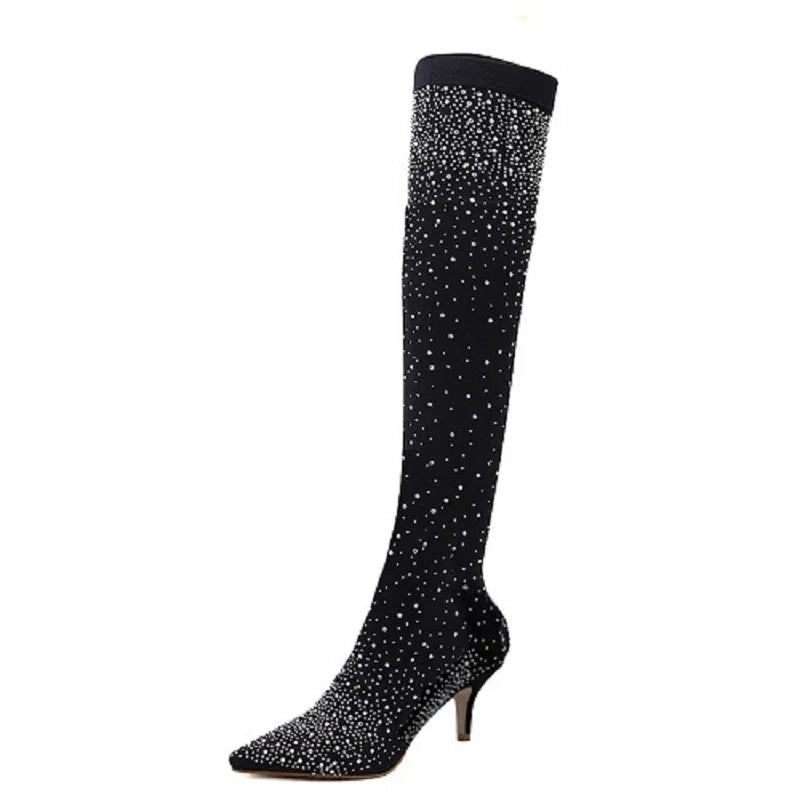 Botte à talons hauts en tissu extensible pour femmes