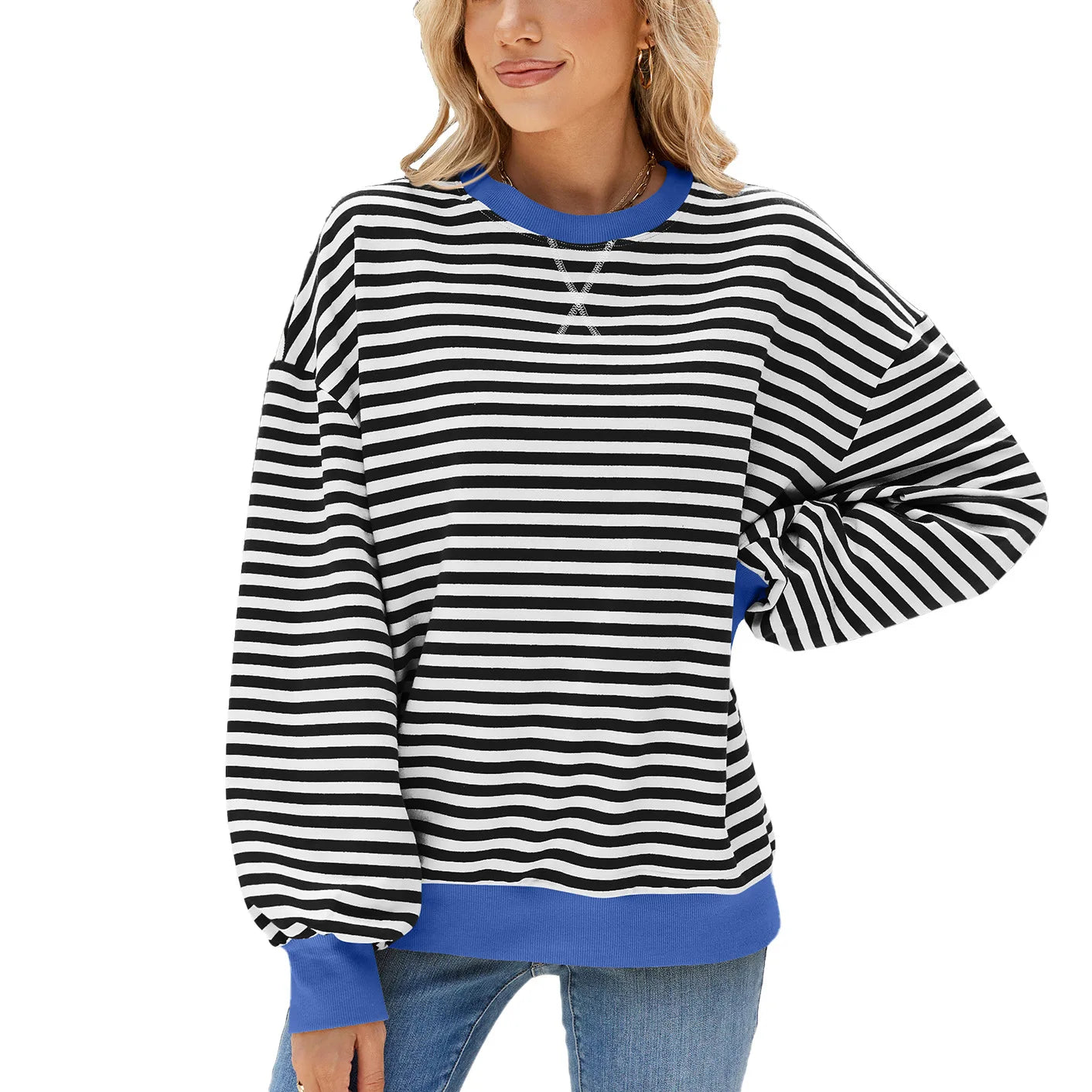 T-shirt à manches longue décontracté ample rayé pour femmes