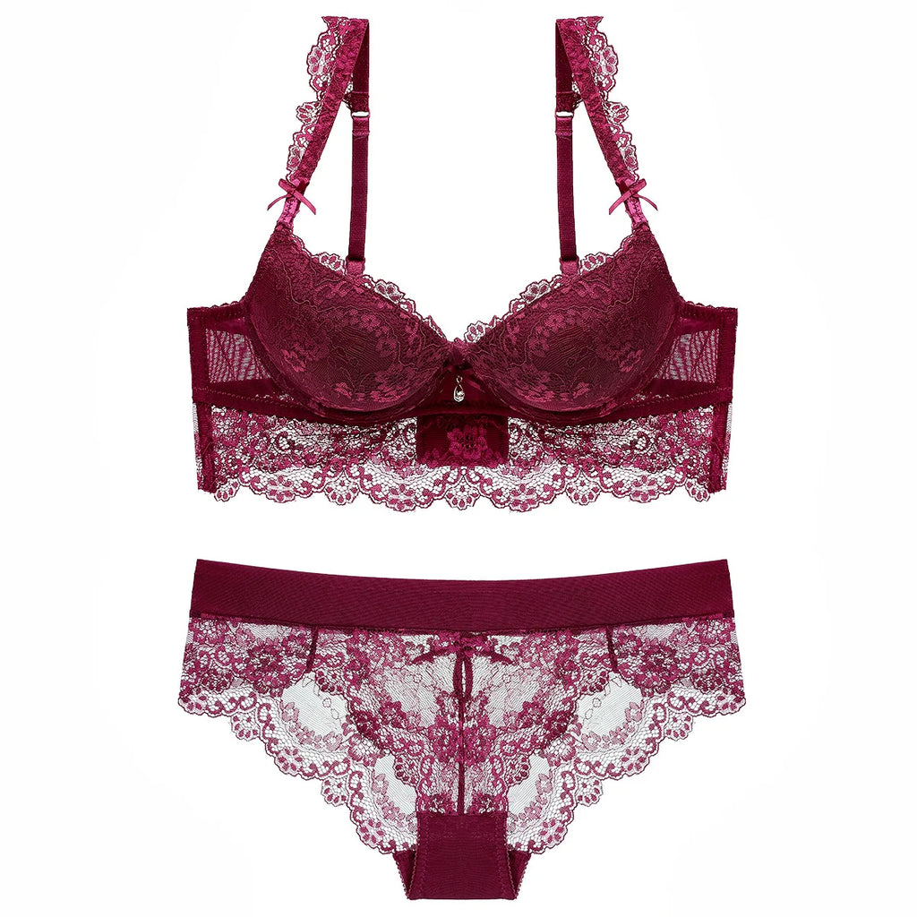 Ensemble soutien-gorge et culotte en dentelle brodée de fleurs pour femmes