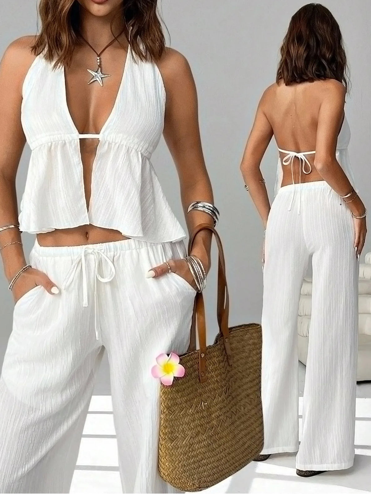 Ensemble Femme – Crop Top Dos Nu à Lacets et Pantalon Long