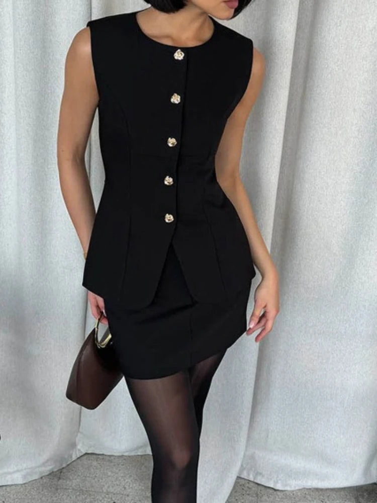 Ensemble 2 Pièces Noir Femme – Haut Sans Manches et Mini-Jupe