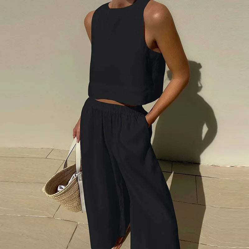 Ensemble deux pièces haut ample à col rond et pantalon à jambes larges pour femmes