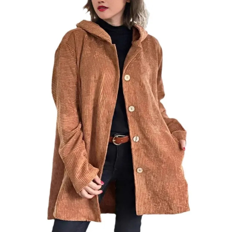 Veste décontractée à capuche en velours côtelé pour femmes