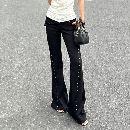 Pantalon large femme noir à rivets