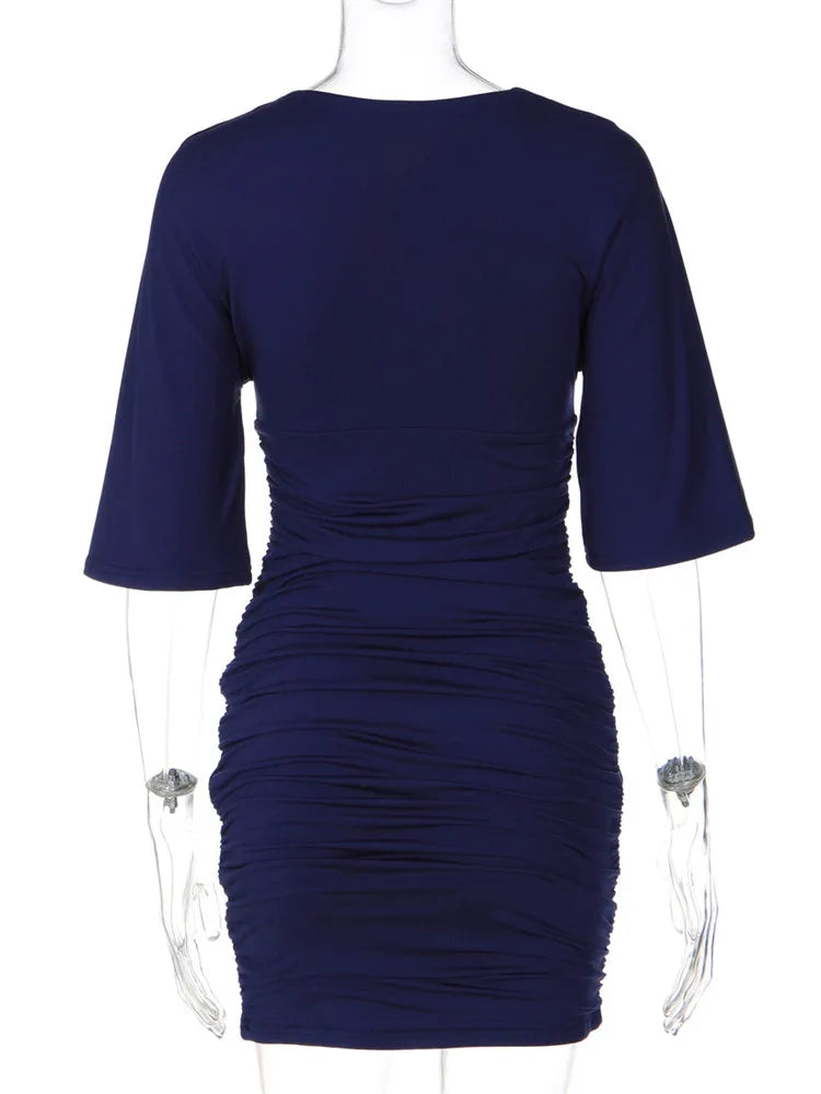 Robe fourreau femme bleu marine à col V et manches courtes