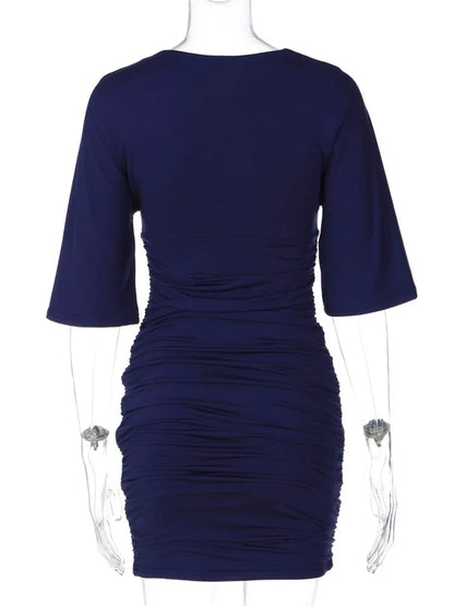 Robe fourreau femme bleu marine à col V et manches courtes
